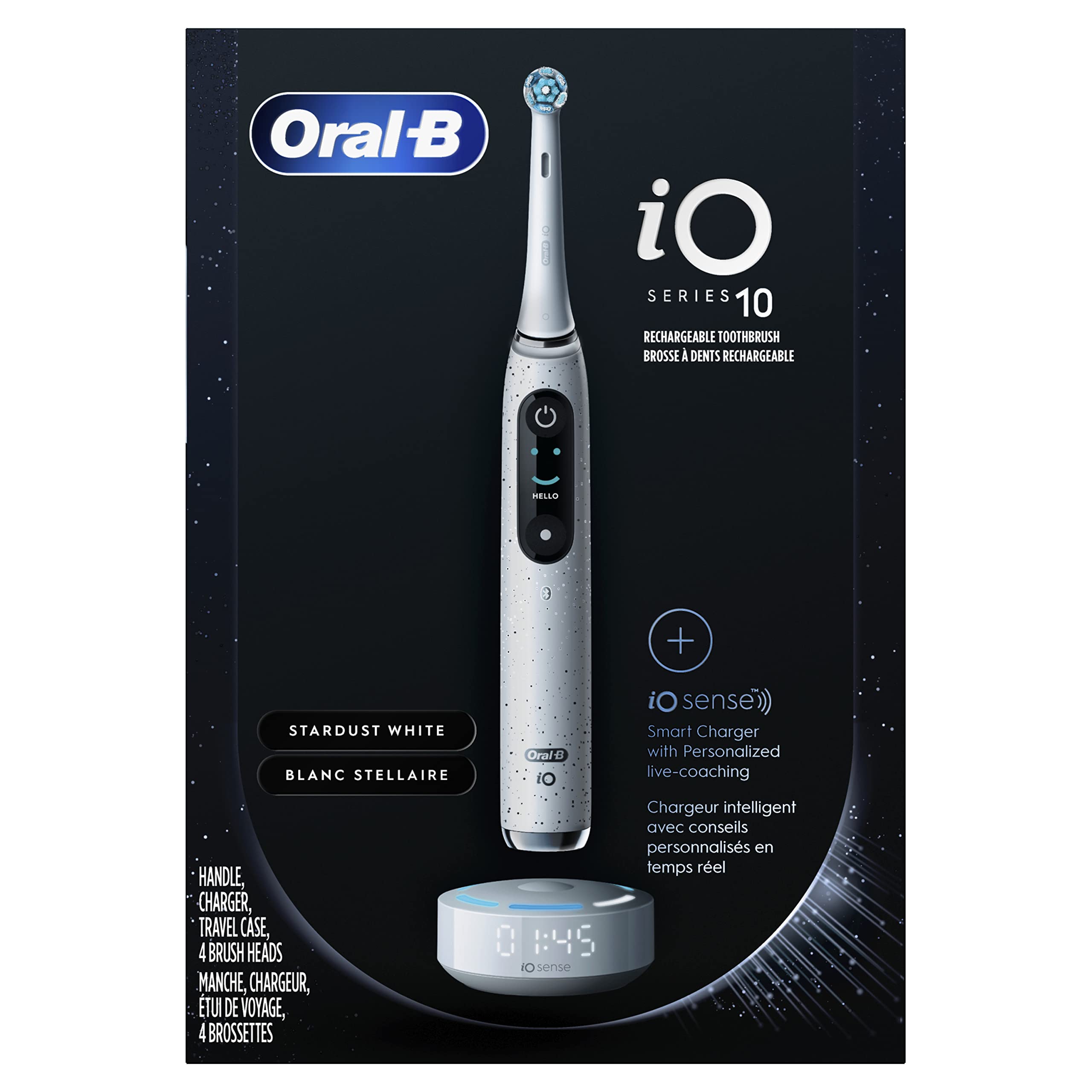 Oral-B • iO Series 10 • Rechargeable Electric Toothbrush with Visible Pressure Sensor to Protect Gums • 2 Min Timer • 2 Colors • 7 Cleaning Settings • 4 Replacement Toothbrush Heads • Charging Travel • White 1 Count (Pack of 1)
