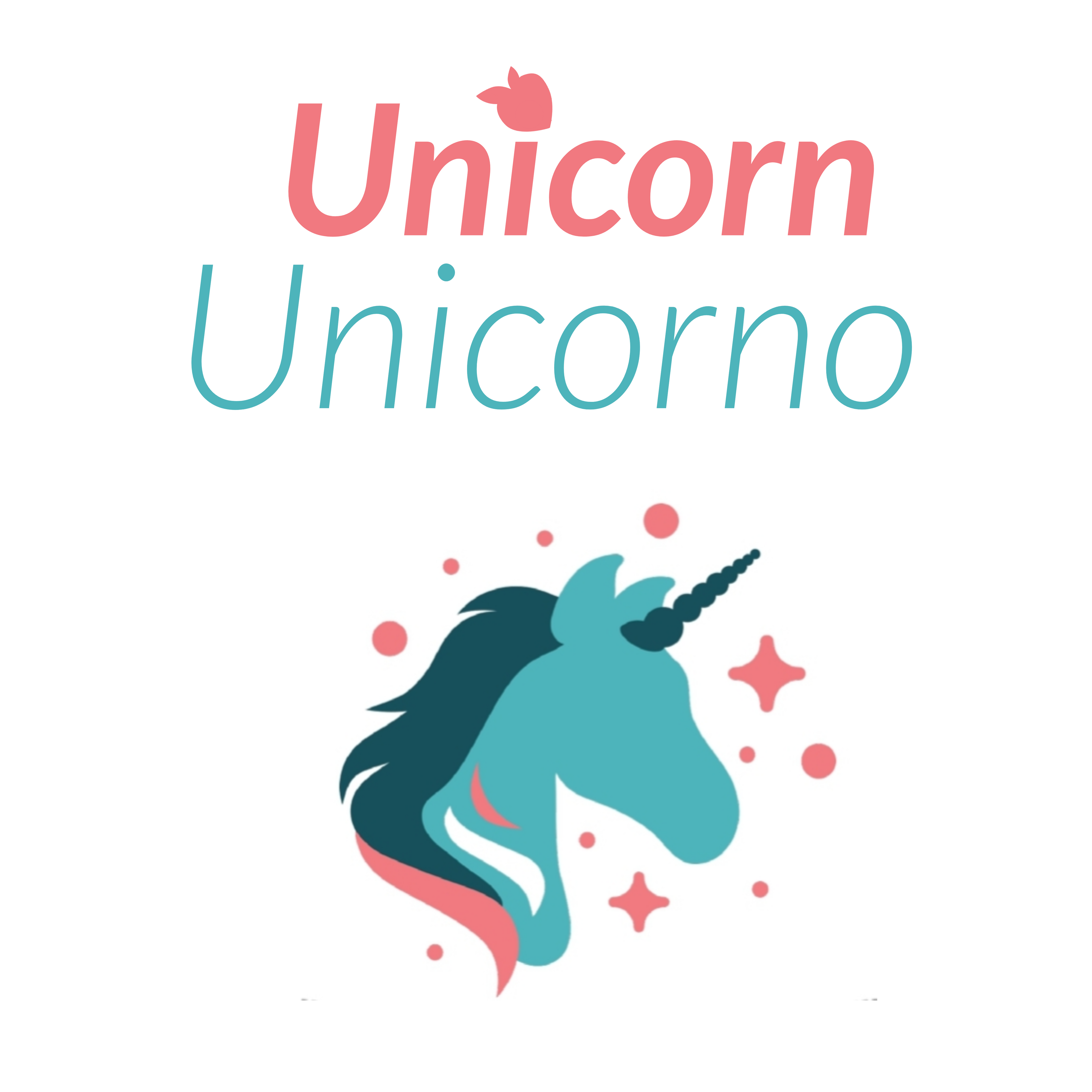 Logo with a unicorn illustration and the word 'Unicorn' in pink and 'Unicorno' in blue on a white background by tsgabrielle 