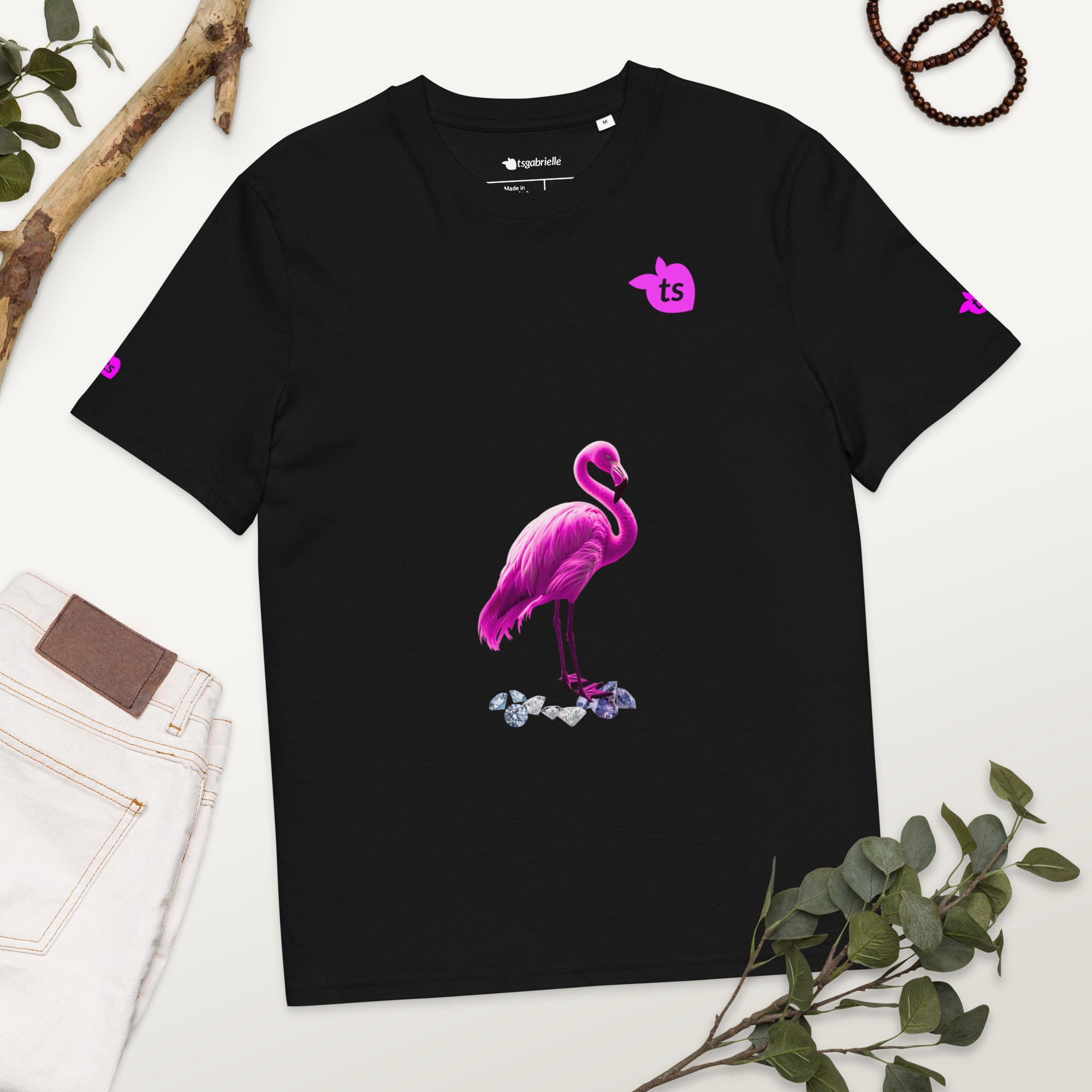 tsgabrielle® • For Her 👗 • Flamant 🦩 Rose • T-Shirt • Black • 100% Organic Cotton •
